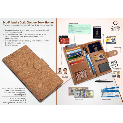 Eco-Friendly Cork Cheque Book Holder / Passport Holder With Sim Card Safe Case & Sim Card Jackets S19