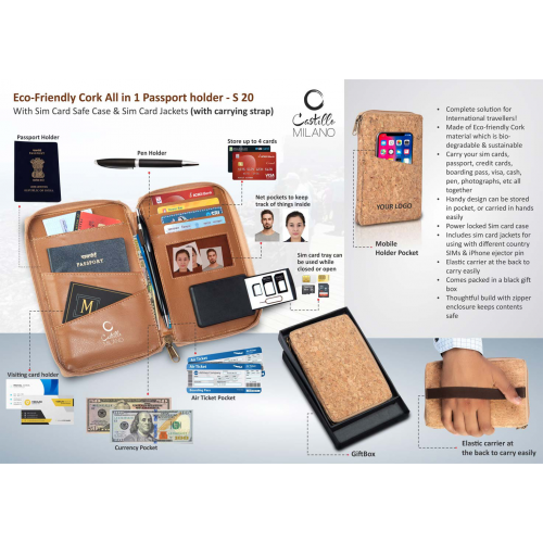 Eco-Friendly Cork All in 1 Passport holder With Sim Card Safe Case & Sim Card Jackets (with carrying strap) S20