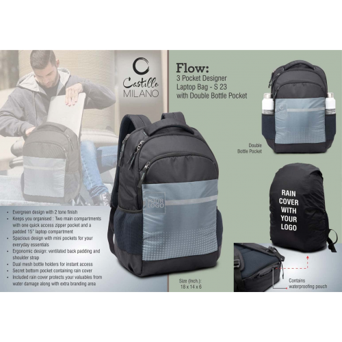 Flow: 3 pocket Designer laptop bag with double bottle pocket and rain cover - S23