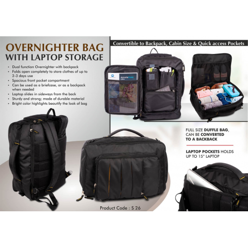 Overnighter bag with Laptop storage | Convertible to Backpack Cabin size Quick access pockets