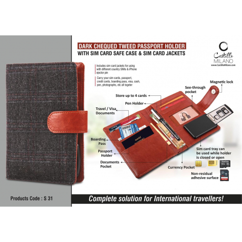 Dark Chequed Tweed Passport Holder With Sim Card Safe Case Sim Card Jackets