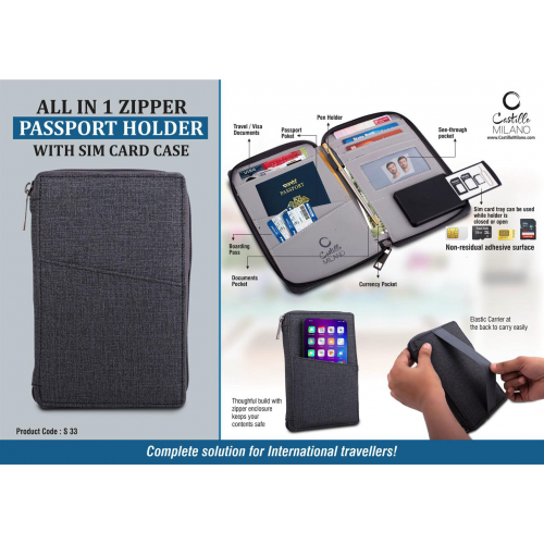 All In 1 Zipper Passport Holder With Sim Card Case- Gray