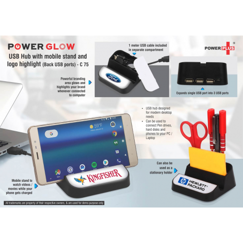 Power Glow USB hub with mobile stand and logo highlight (BackUSB ports) - C75