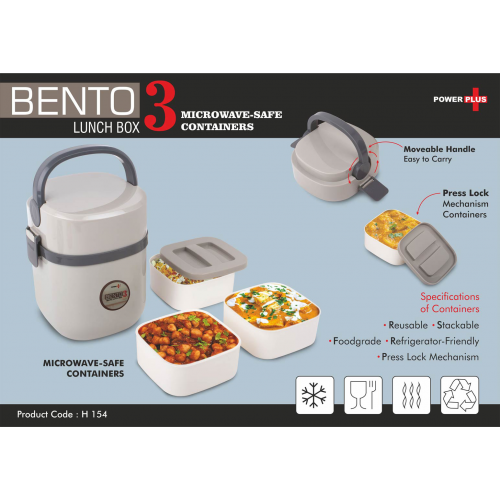 Bento Travel Lunch box with 3 plastic containers Press Lock mechanism Square containers - H154