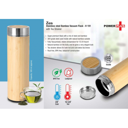 Zen: Stainless steel Bamboo Vacuum flask with Tea Strainer Capacity 500 ml - H191