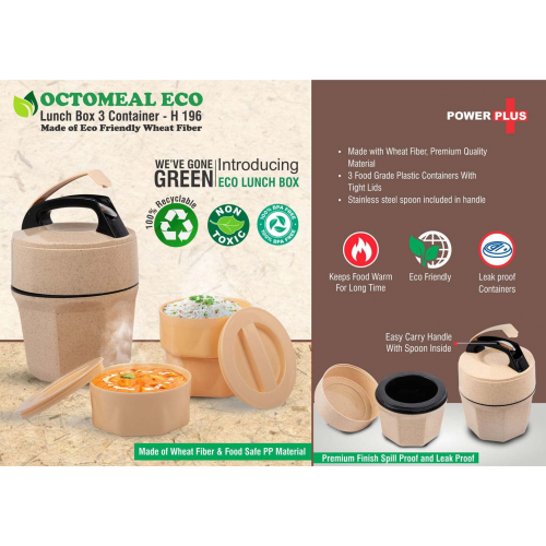 Octomeal Eco: 3 Plastic container lunch box with spoon - H196