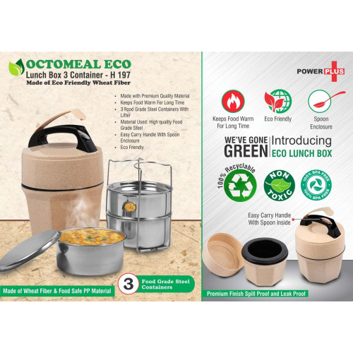 Octomeal Eco: 3 Steel container lunch box with spoon | Made from Eco friendly material - H197