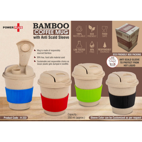 Bamboo Coffee mug: Eco friendly mug with flip top Lid and Anti- Scald sleeve Capacity 250 ml - H222