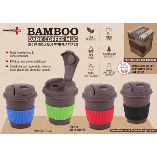Bamboo Dark Coffee mug: Eco friendly mug with flip top Lid and anti-Scald sleeve Capacity 250 ml - H222a