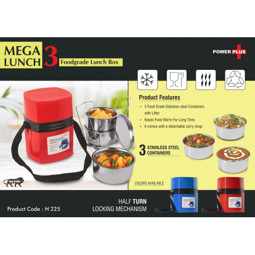 Power Plus Mega Steel Lunch Box- 3 Stainless steel containers with lifter -H225