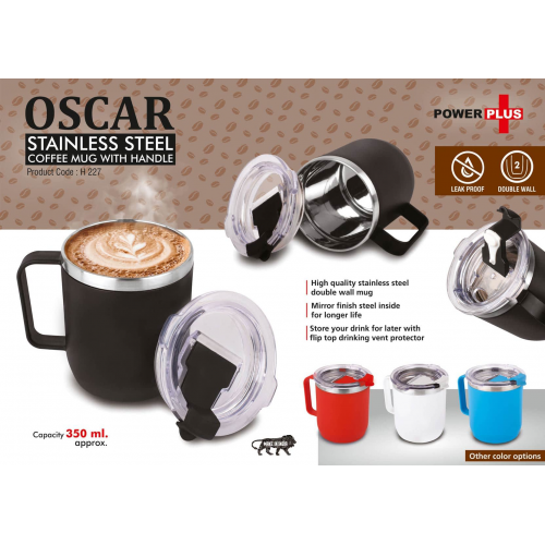 Oscar: Stainless Steel coffee mug with handle Premium clear cap with flip top lid Leakproof Capacity 350ml - H227