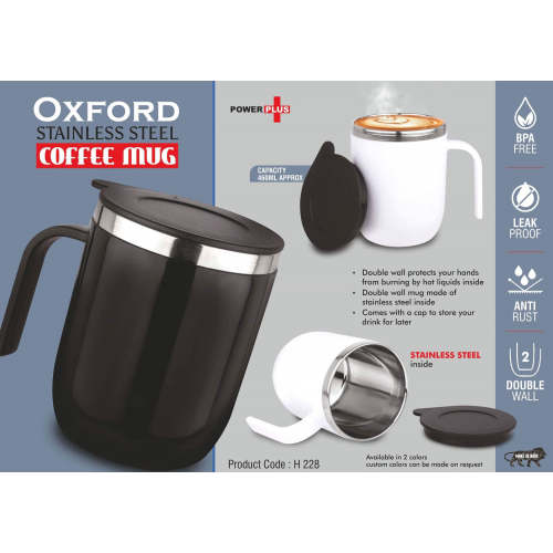 Oxford: Stainless Steel Double wall Coffee mug with Round handle Leakproof Capacity 460ml - H228