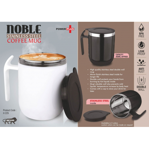 Noble: Stainless Steel Double wall Coffee mug with Pointy handle Leakproof Capacity 460ml - H229