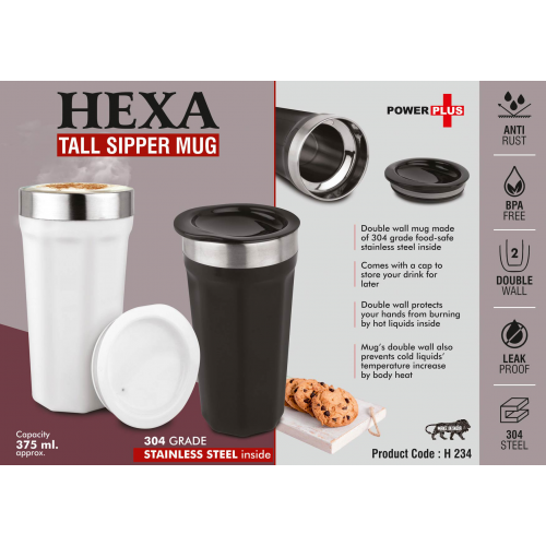 Hexa : Tall sipper mug 304 grade Stainless steel inside Capacity 375ml - H234