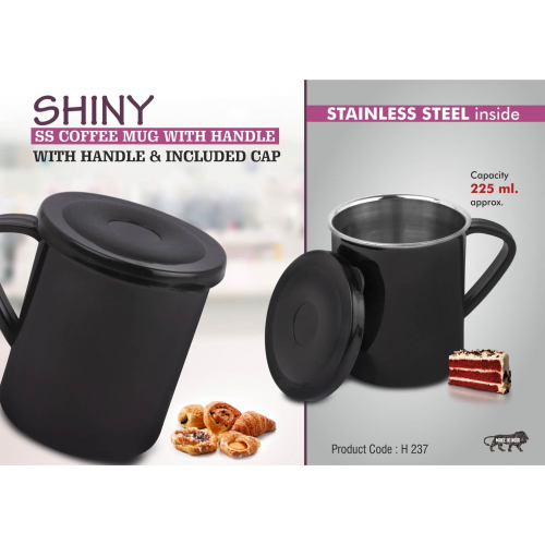 Shiny SS Coffee mug with handle Cap included Capacity 225ml -H237