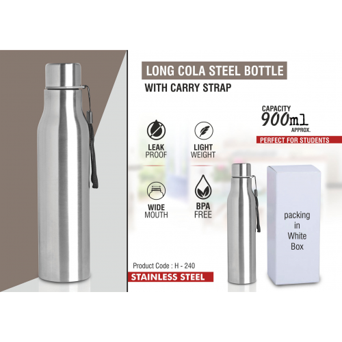 Long cola stainless steel bottle with carry strap Capacity 900ml - H240