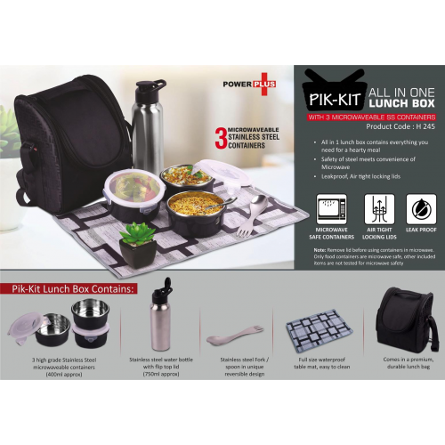 PIK-KIT: All in 1 Lunch box with 3 Microwaveable SS containers, Contains SS bottle, Fork, Spoon, Tablemat, Premium Bag - H245