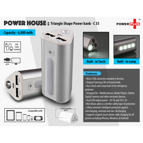 Power Plus Power House : Triangle shape Power Bank withLamp and Torch (Dual USB Port) (6000 mAh) - C35