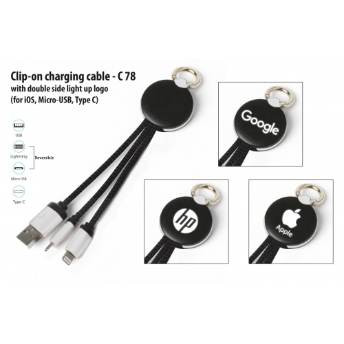 Clip-on charging cable with double side light up logo - C78