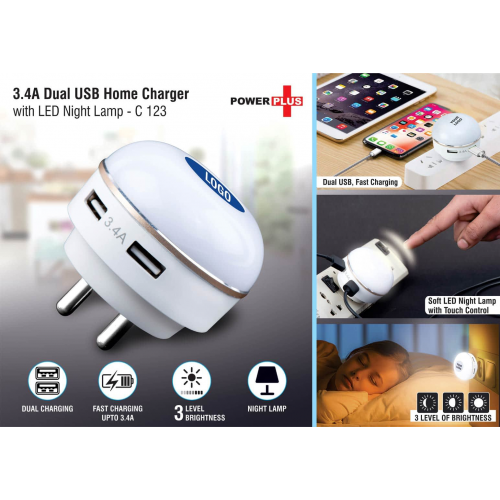 Dual USB fast charger with night lamp - C123