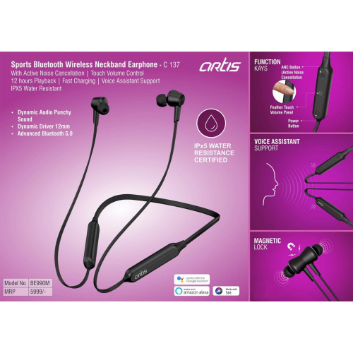 Artis Sports Bluetooth Wireless Neckband Earphone With ActiveNoise Cancellation - C137