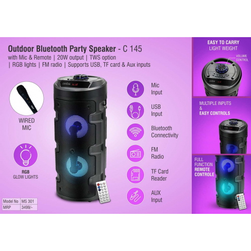 Artis Outdoor Bluetooth Party speaker with Mic & Remote - C145