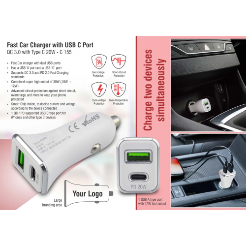 Fast car charger with USB C port - C155