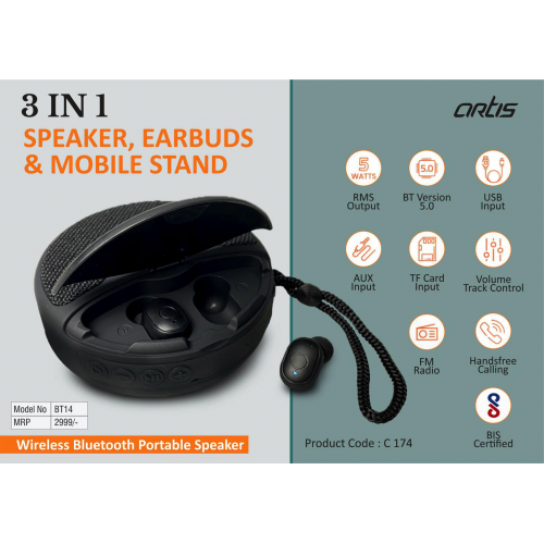 Artis Bluetooth T14 speaker with earbuds and phone stand - C174