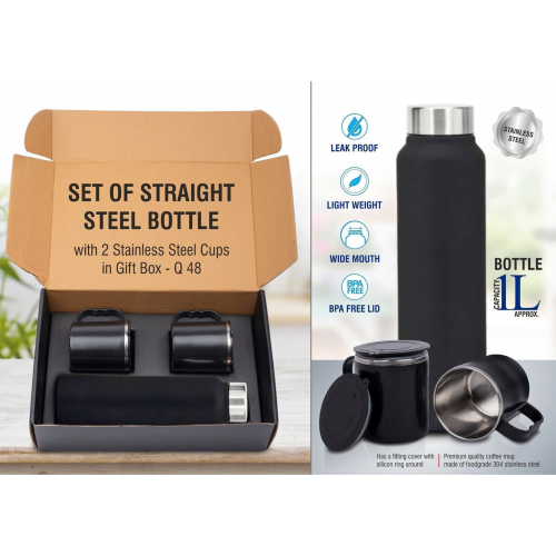 Set of Black Stainless Steel Bottle with 2 Stainless steel cups in Gift box Bottle capacity 1L - Q48