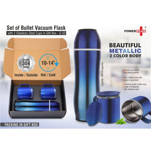 Set of Blue Bullet Vacuum Flask with 2 Stainless steel cups in Gift box Metallic finish cups - Q50