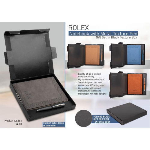 Rolex Notebook with Metal Texture pen Gift set in Black Texture box - Q58
