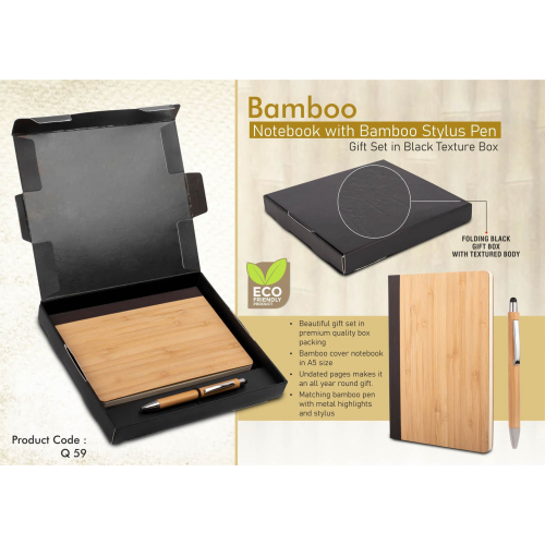 Bamboo Notebook with Bamboo pen Gift set in Black Texture box - Q59