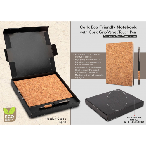 Cork Notebook with Cork Grip Velvet touch pen Gift set in Black Texture box - Q60