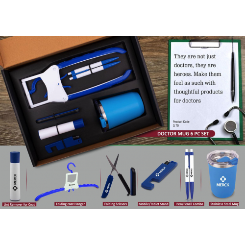 Doctor Mug Set Folding Coat Hanger Lint Remover Folding Scissors Mobile-Tablet Stand Pen-Pencil Combo Stainless Steel Mug 6 Pc Set - Q70