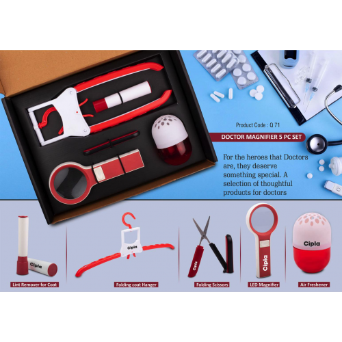 Doctor Magnifier Set Folding Coat Hanger Lint Remover Folding Scissors LED MagnifierCapsule Shape Air Freshener 5 Pc Set Red - Q71