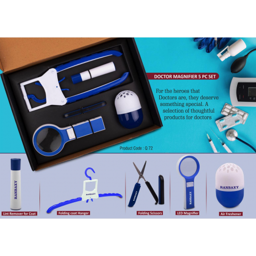 Doctor Magnifier Set Folding Coat Hanger Lint Remover Folding Scissors LED MagnifierCapsule Shape Air Freshener 5 Pc Set - Blue - Q72