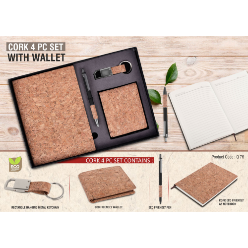 Cork 4 Pc Set Cork Notebook With Wallet Pen And Keychain - Q76