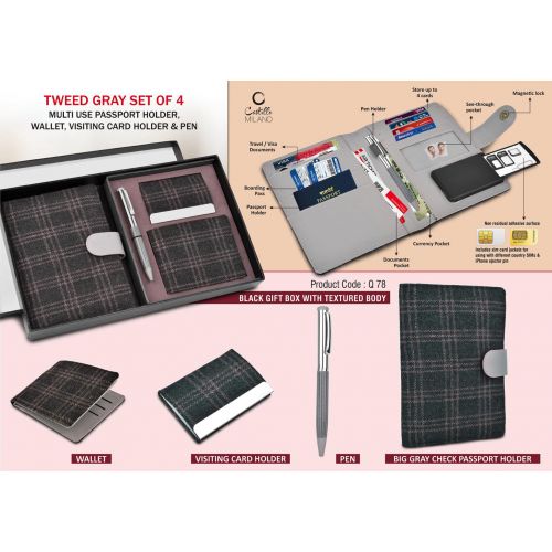 Tweed Gray Set of 4: Multi use Passport holder, Wallet, Card holder, Metal Pen - Q78