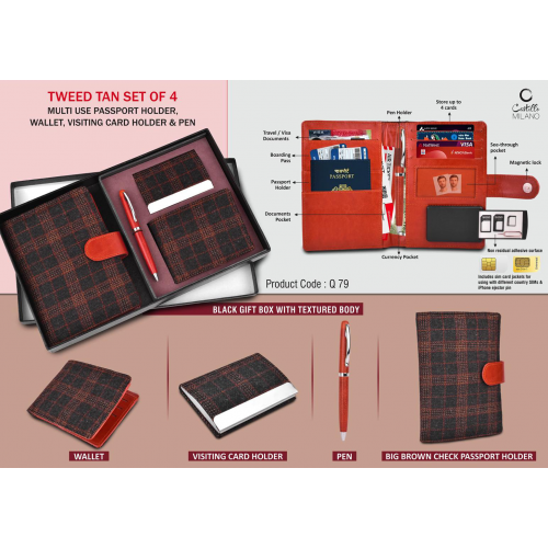 Tweed Tan Set Of 4: Multi Use Passport Holder, Wallet, Card Holder, Metal Pen - Q79