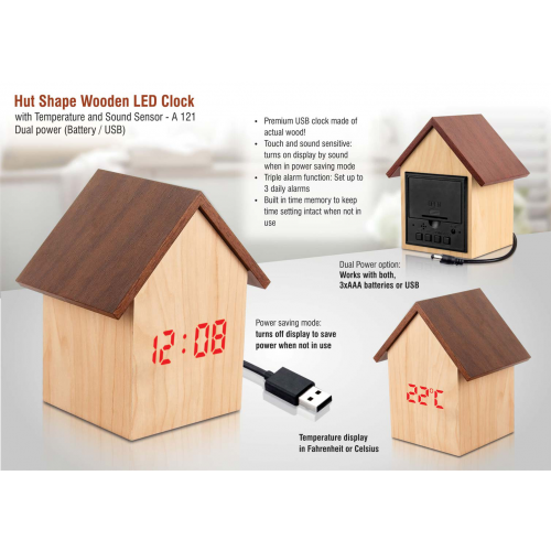 Hut Shape Wooden LED Clock With Temperature And Sound Sensor - A121