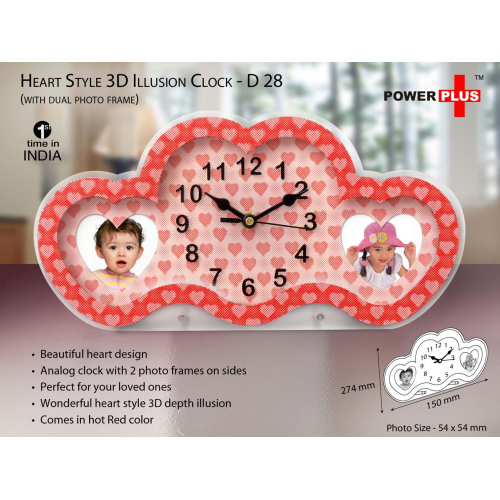 Heart style 3D illusion clock with dual photo frame - D28