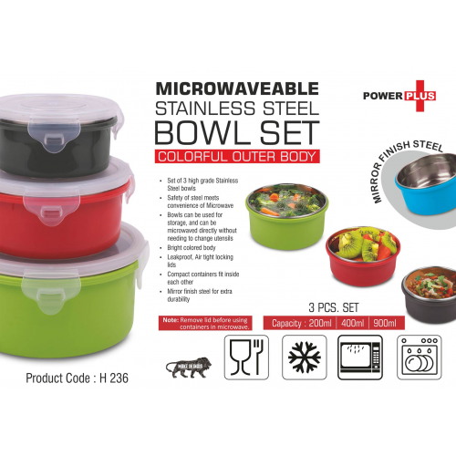 Microwaveable Stainless Steel Bowl set colorful outer body Capacity: 200, 400 and 900ml - H236