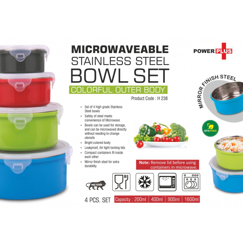 4 pc Microwaveable Stainless Steel Bowl set Colorful outer body Capacity: 200, 400, 900 and1600 ml - H238