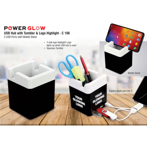 Power Glow USB hub with tumbler and logo highlight 3 USB ports with mobile stand - C106
