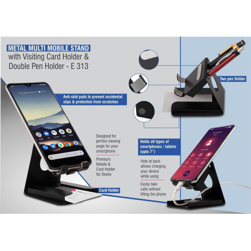 Metal multi mobile stand with Visiting card holder and double pen holder - E313