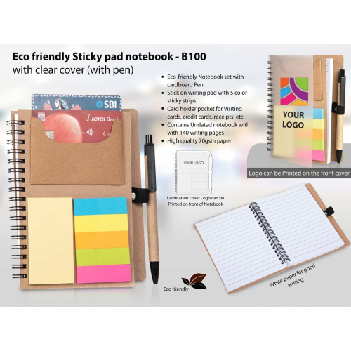 Eco Friendly Sticky Pad Notebook With Clear Cover (With Pen) - B100