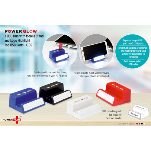 Power Glow 3 USB hub with mobile stand and logo highlight(Top USB) - C85