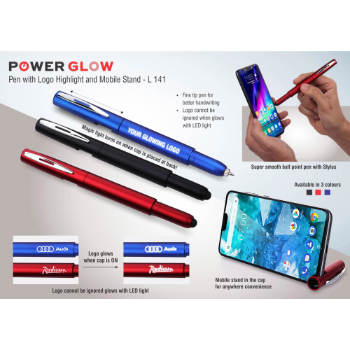 Power Glow pen with logo highlight and mobile stand - L141