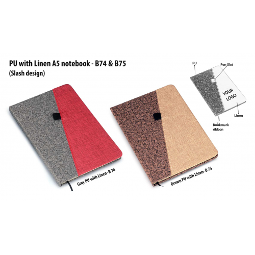 Gray PU With Linen A5 Notebook (Slash Design) - B74