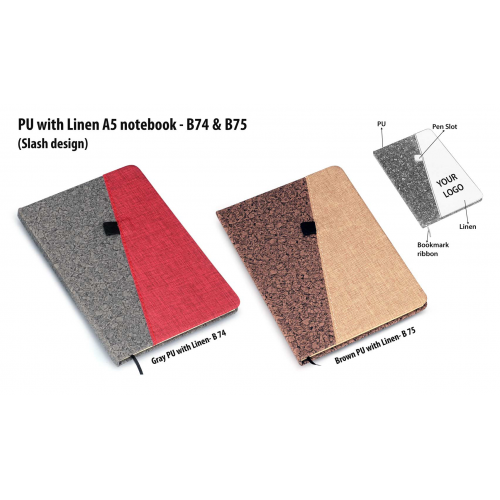 Brown PU With Linen A5 Notebook (Slash Design) - B75